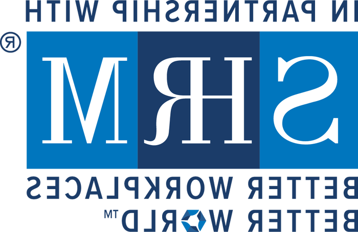 Blue and white logo with the words: In Partnership with SHRM. Better workplaces better world.